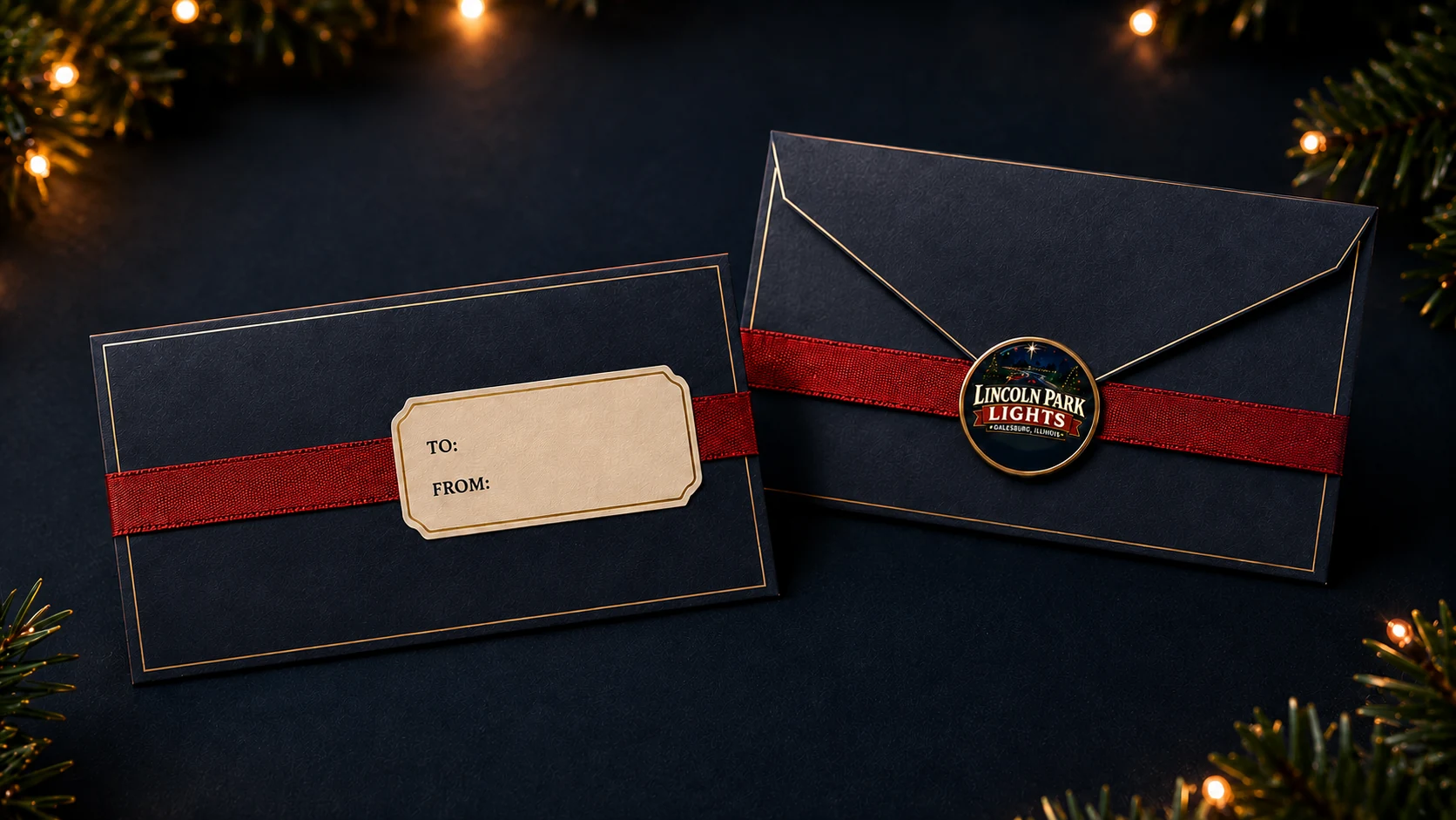 Front and back of the navy Lincoln Park Lights gift envelope