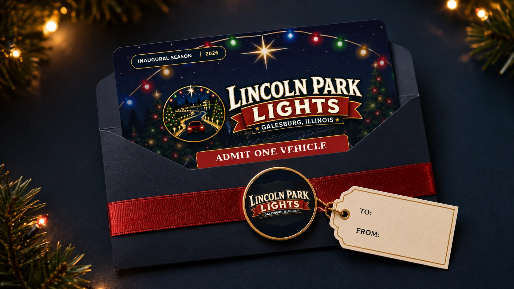 Open navy Lincoln Park Lights gift presentation with the admission ticket ready to give