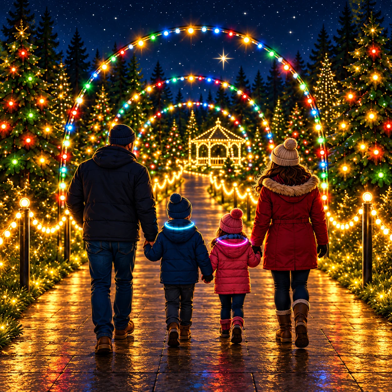 Illustration of a family walking together beneath colorful Christmas light arches