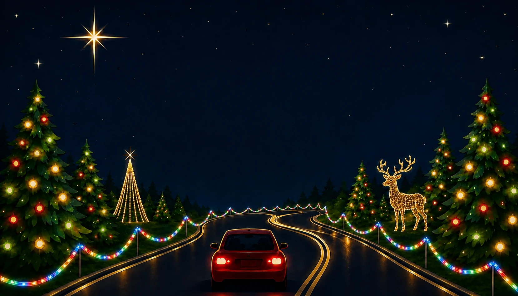 A red car driving through a glowing Christmas landscape with a lighted reindeer