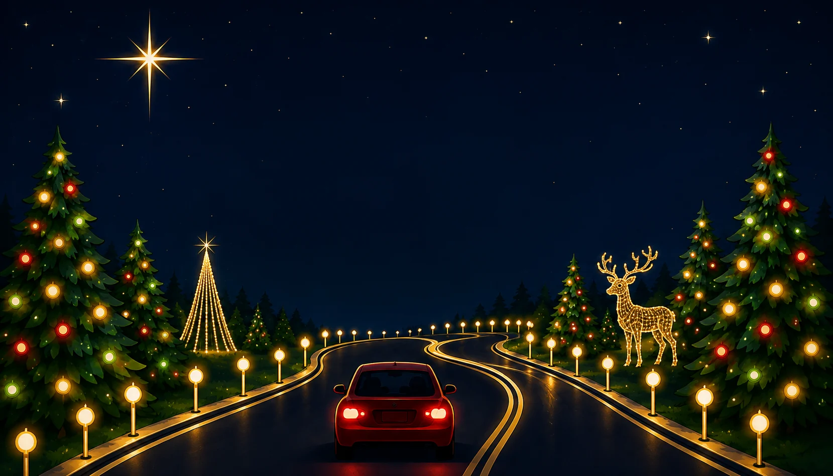 A red car driving through a glowing Christmas landscape with a lighted reindeer