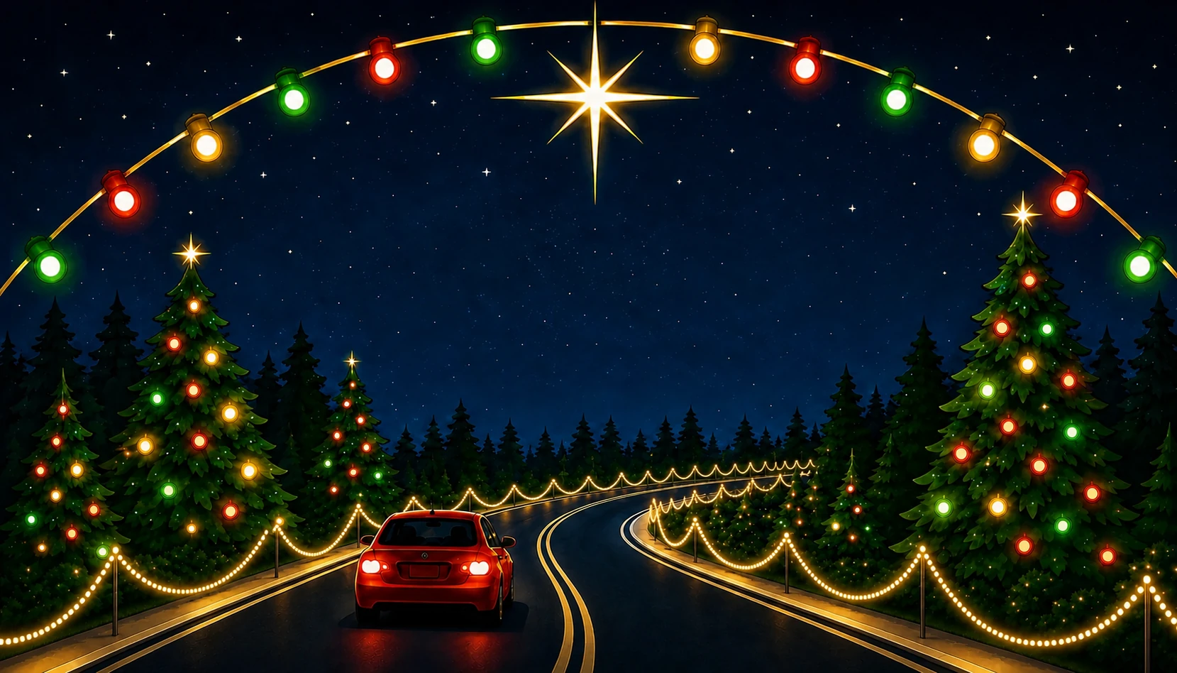 A red car on a Christmas-lit road framed by a sweeping arch of colored lights