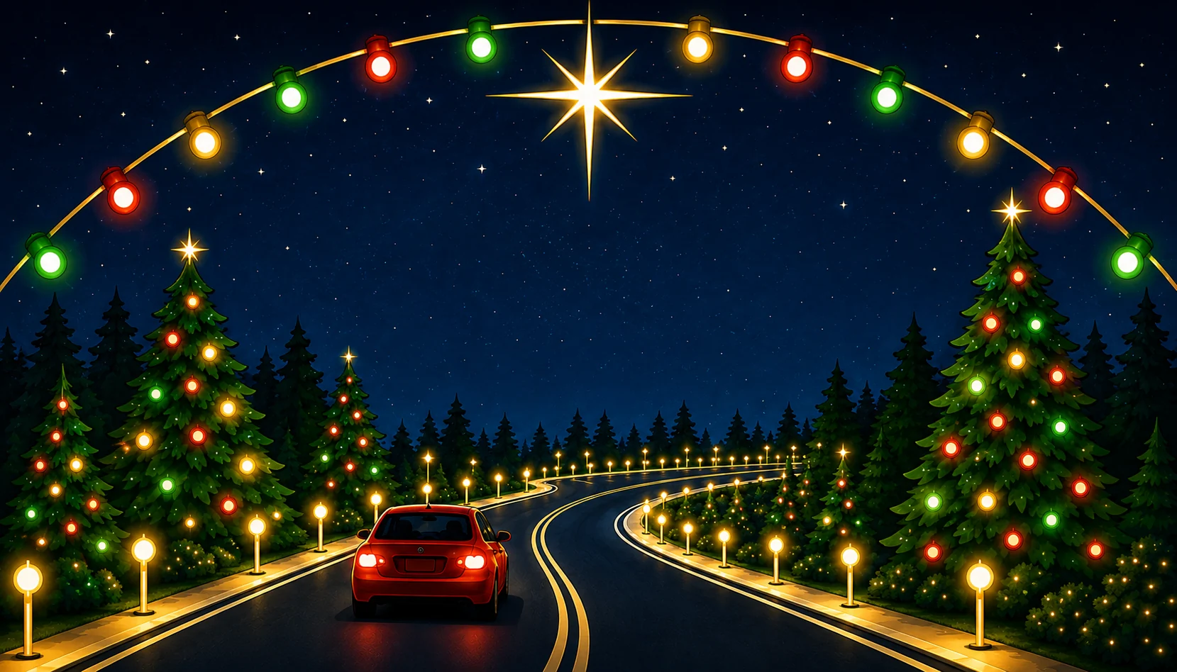 A red car on a Christmas-lit road framed by a sweeping arch of colored lights