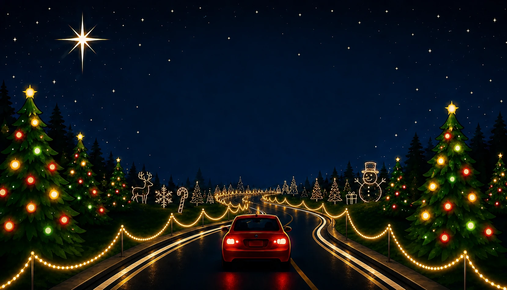 A red car following a winding road lined with glowing Christmas displays