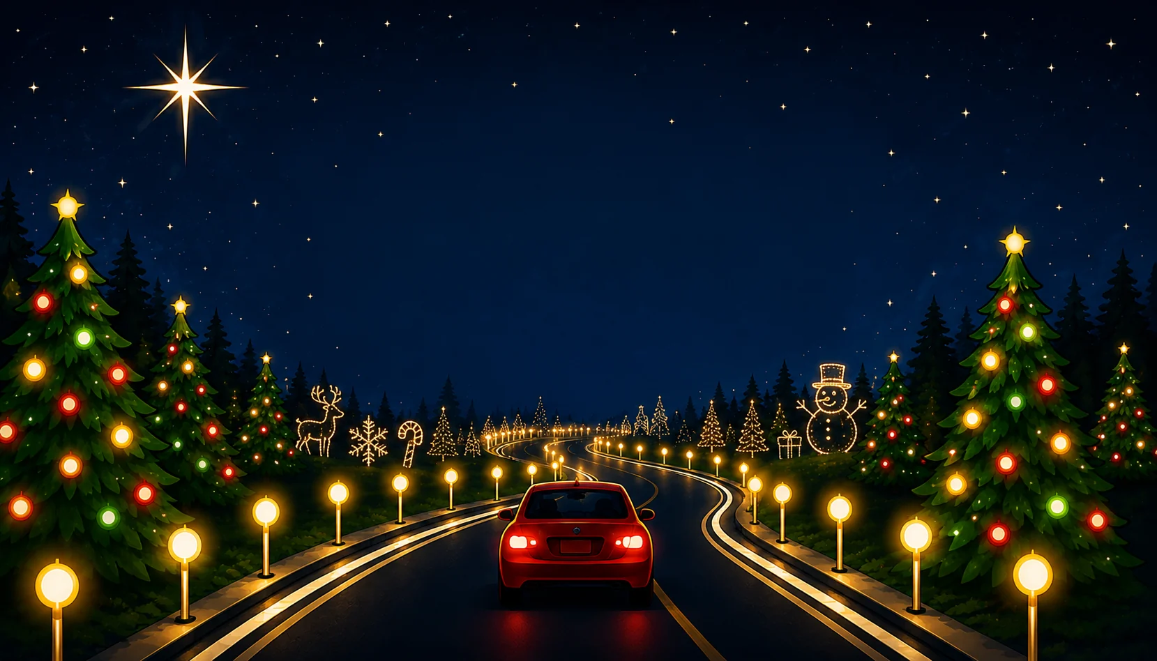 A red car following a winding road lined with glowing Christmas displays