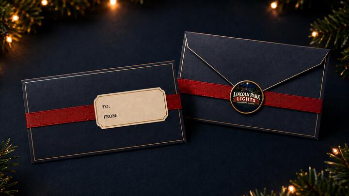 Front and back of the navy Lincoln Park Lights gift envelope
